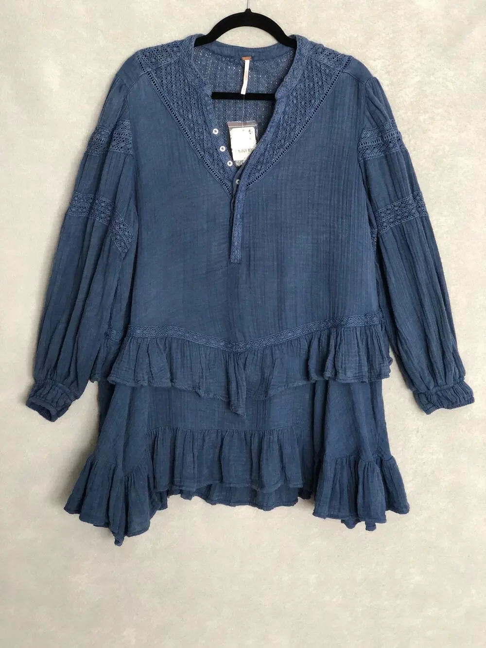 Free People Big Dipper Mini Dress Ruffle Long Sleeve Blue Women's Medium NEW